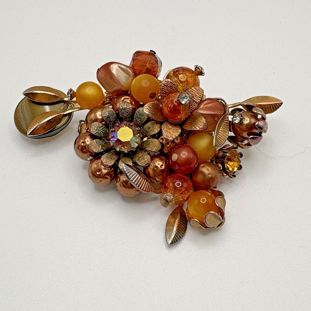 Vintage Brooch Flower AB Artglass Honey Bronze Thermoset Rhinestone MCM